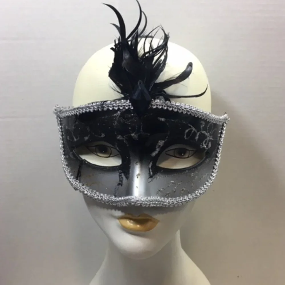Masquerade Black Silver Gold Glitter Feather Mask Halloween Venetian Style